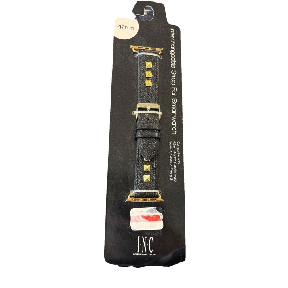 I.N.C. Women‎ Black Faux Leather Gold Trim 42mm Apple Watch Band Strap Wristband